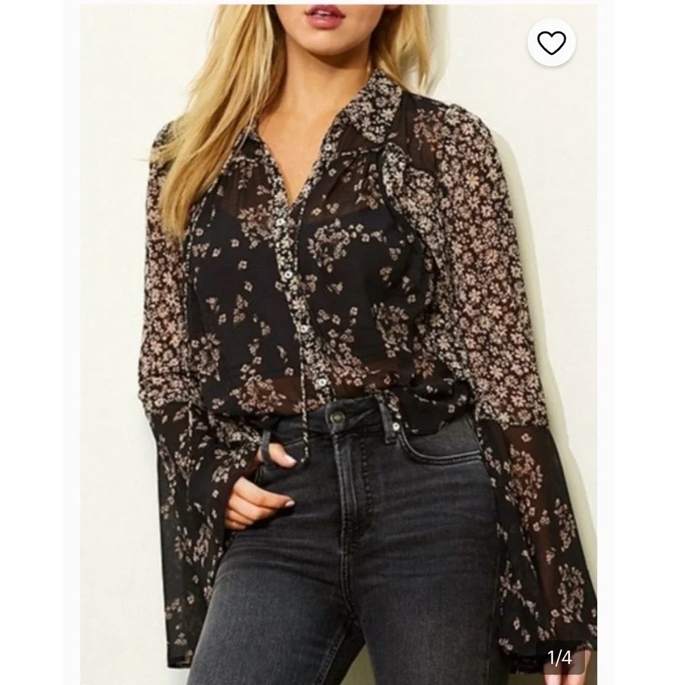 Free‎ People Serena Floral Bell Sleeve Blouse Women XS Black Sheer Boho Tie Neck